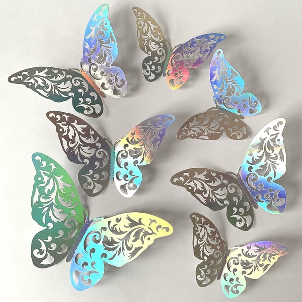 Set Of 12, 3D Colorful Silvery Butterfly Wall Sticker, Self-adhesive Hollow Paper Three-dimensional Decal For Living Room Bedroom, Wall Decoration, Home Room Decor