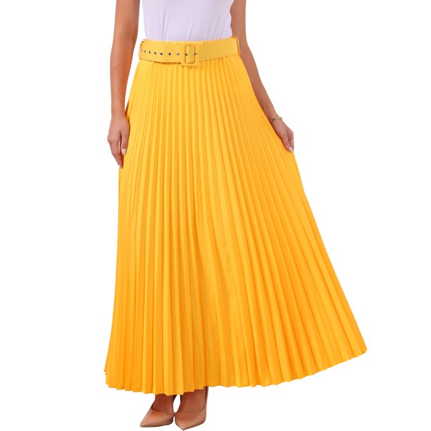 INSPIRE CHIC Falda Plisada para Mujer con Cintura Alta Elástica y Cinturón, Falda Maxi de Línea A Fluida L Naranja Amarillento