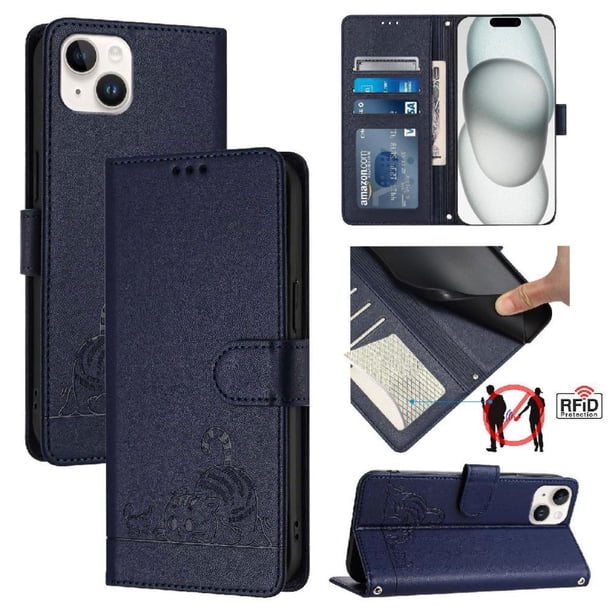 Funda tipo cartera FOXDOCK para iPhone 15 Plus con soporte, ranuras, RFID, diseño de gato