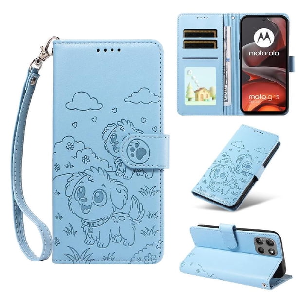 Funda Cartera para Motorola Moto G15/G15 Power Perro Cachorro Grabado con Tarjetas Soporte Correa Azul