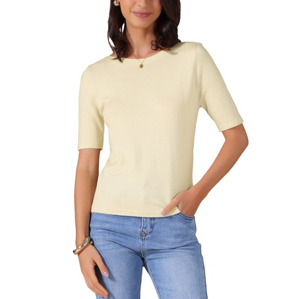 INSPIRE CHIC Camiseta de Mujer de Manga Corta Cuello de Barco Ligera y Elástica Básica de Punto Casual Talla XS Beige