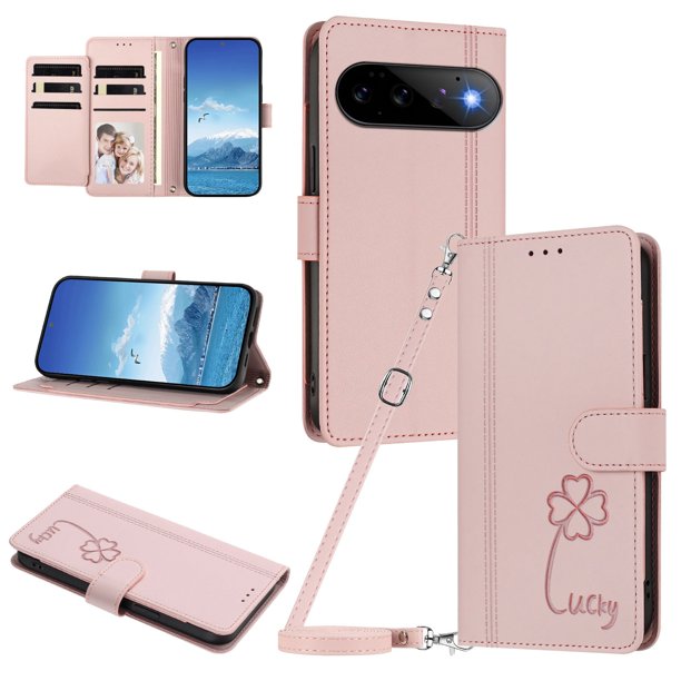 Funda Cartera Trébol para Google Pixel 11 Pro con Ranuras Tarjetas y Carga Inalámbrica Rosa