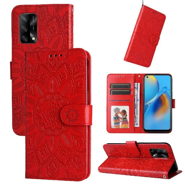 Funda tipo cartera FOXDOCK para OPPO A95 4G , diseño girasol en relieve, cuero PU, cierre magnético, soporte y tarjetero