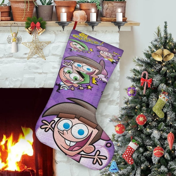 Los Padrinos Mágicos Tema: Calcetines de Navidad, fino lino blanco para colgar en escaleras y chimenea, decoración navideña para el hogar, regalo de Navidad.54cm×38cm