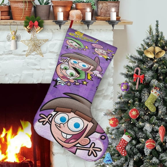 Los Padrinos Mágicos Tema: Calcetines de Navidad, fino lino blanco para colgar en escaleras y chimenea, decoración navideña para el hogar, regalo de Navidad.54cm×38cm