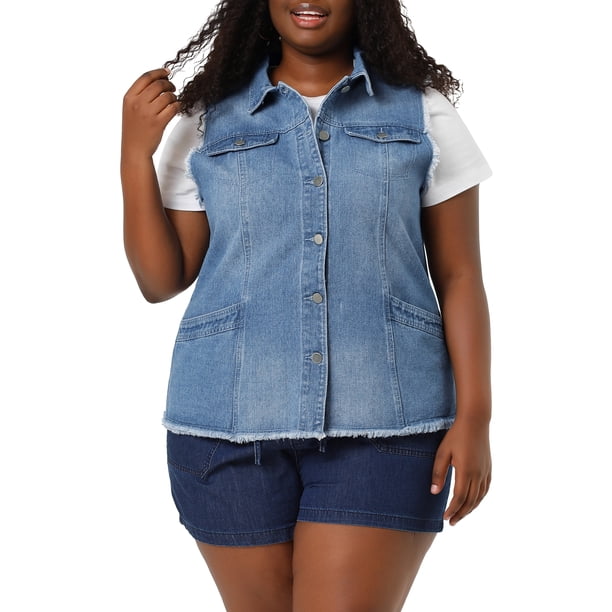 Chaleco de Jean sin Mangas para Mujer de Talla Grande Agnes Orinda con Dobladillo Deshilachado Chaqueta de Mezclilla de Moda 4X Azul