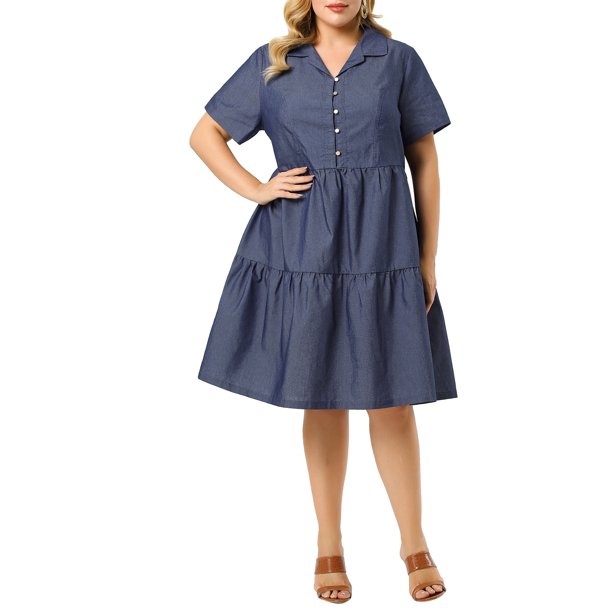 Vestido de mujer talla grande de Agnes Orinda, vestido de chambray de manga corta con botones, vestido de camisa fluido con capas, talla 2X, azul
