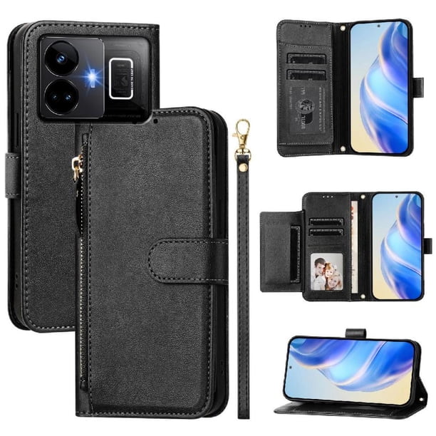 Funda tipo cartera para Realme GT Neo 5 240W 5G con bolsillo con cremallera, tarjetero, soporte, correa para la muñeca y tapa de cuero Negro