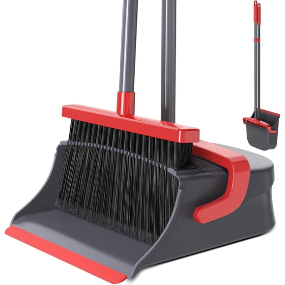 Broom with Dustpan Set for Pet Hair and Dust Cleanup, Red and Gray