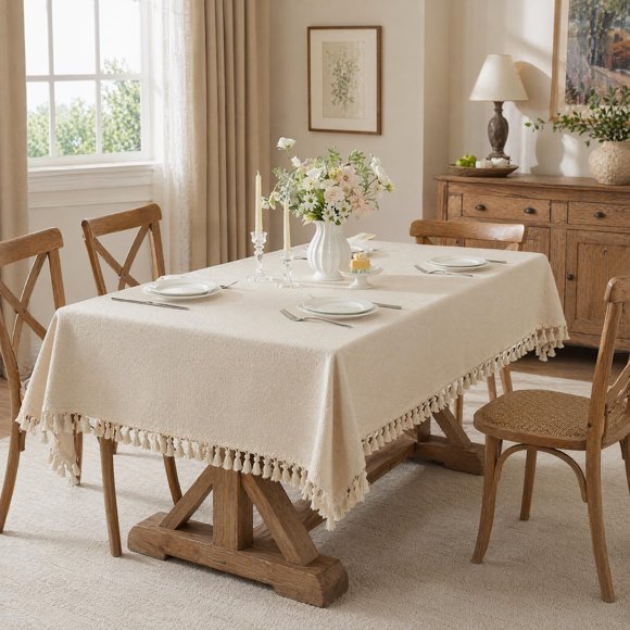 Mantel UWWGKK 140x219 cm Beige de lino con borlas