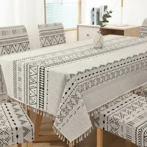 Casadeliacl - Mantel De Lino Impermeable Con Borlas Incluye Fundas Silla Tf - Blanco - Geometric