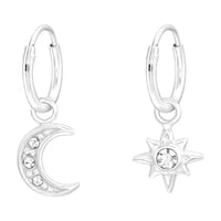 Genérico - Aros Colgantes Plata 925 Con Luna,Estrella Y Cristales Plateado