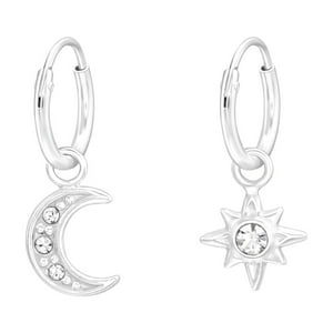 Genérico - Aros Colgantes Plata 925 Con Luna,Estrella Y Cristales Plateado