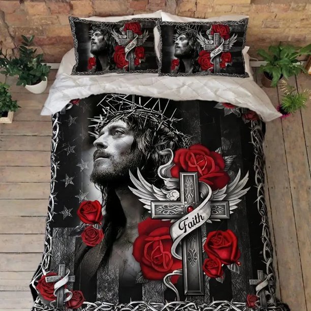 Christian Cross Jesus Duvet Cover Set Faith Over Fear Bedding Set All Over Religion Comforter Cover Set Quilt Cover Size Bed Sheets