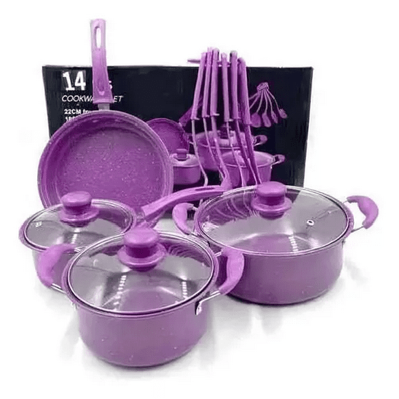 Juego de ollas de cocina antiadherente, set de batería de 14 piezas, color morado