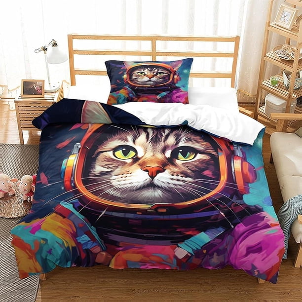 Funda nórdica de microfibra con estampado 3D de gato espacial y cierre de cremallera para niños, adolescentes y adultos. Juego de 2 piezas (gatito, individual).