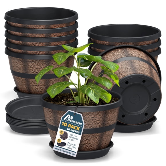 Macetas Lifemaster en forma de barril de whisky, 10 unidades, 25 cm, plástico