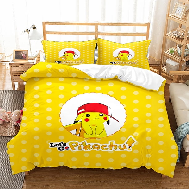 Pok-mon Pika-chu 3 Pcs Comforter Set with 2 Pillowcases,Pokmo-n Pikach-u Bedding Set Sheet Set for Kids Adults,All Season Lightweight