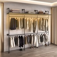 M&Ms - Industrial Pipe Clothing Rack, Reversible 118.3'' Clothes Rack For Hanging Clothes, Heavy Duty Garment Rack Closet Wardrobe Rack With Led Lights & Shelves, Walk-In Closet System, Black (Three)