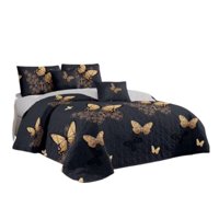 Genérico - Cubrecama Quilt Verano 2 Plazas - Negro Mariposas Doradas Kfl090