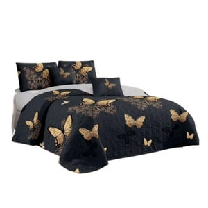 Genérico - Cubrecama Quilt Verano 2 Plazas - Negro Mariposas Doradas Kfl090