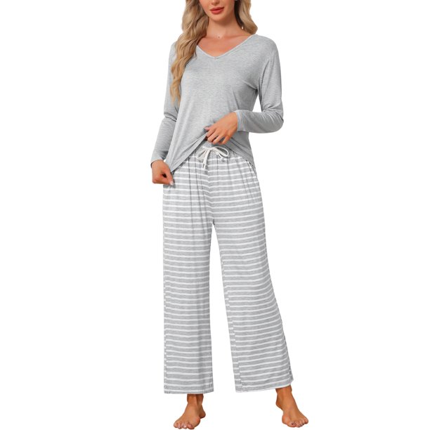 INSPIRE CHIC Conjunto de Pijama de Manga Larga para Mujer con Cuello en V, Pantalones de Salón a Rayas con Bolsillos y Cintura Ajustable L Gris