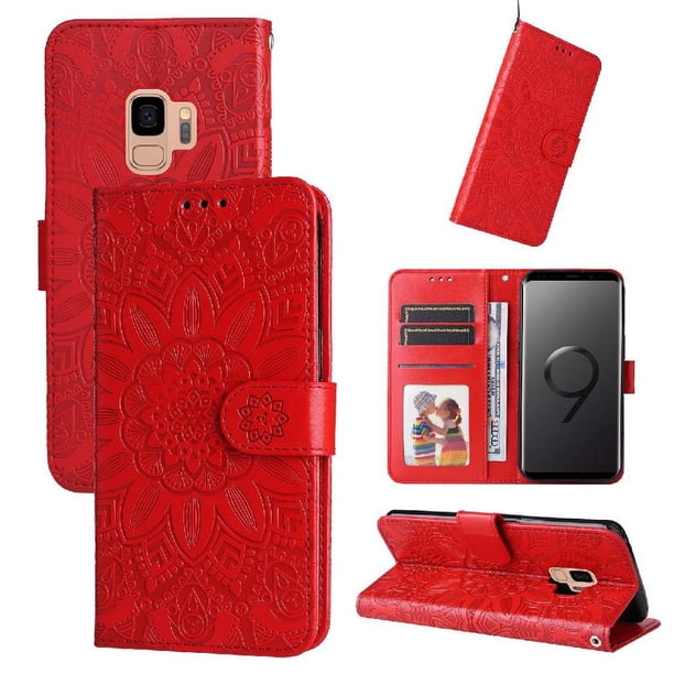 Funda tipo cartera FOXDOCK para Samsung Galaxy S9 , diseño girasol en relieve, cuero PU, cierre magnético, soporte y tarjetero