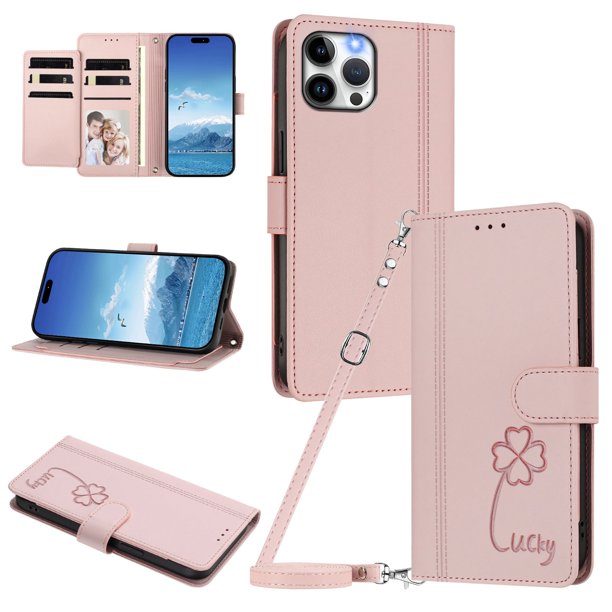 Funda Cartera Trébol para iPhone 12 Pro Max con Ranuras Tarjetas y Carga Inalámbrica Rosa