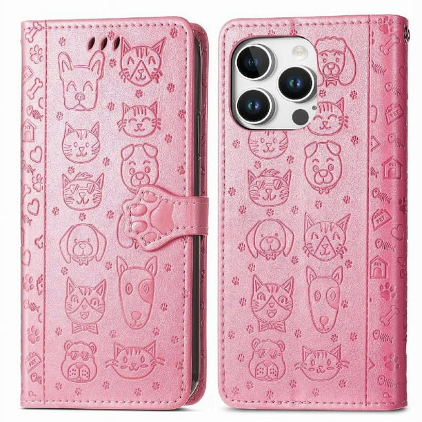 Funda Cartera FOXDOCK para iPhone 16 Pro , Flip PU con Relieve de Gatos y Perros, Tarjetero y Soporte