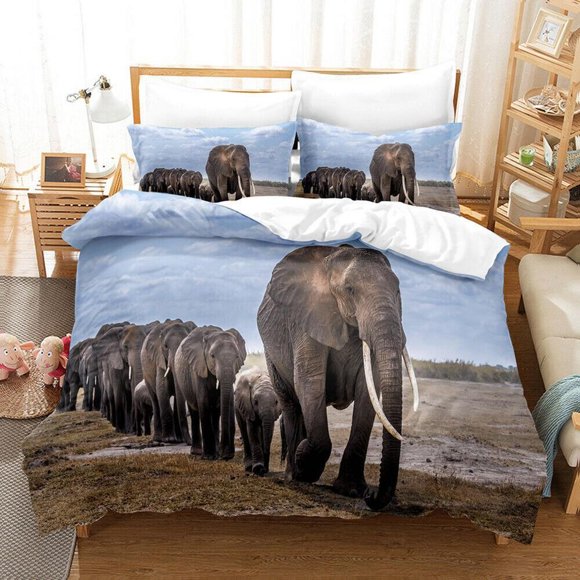 Elephants Grassland Animal Quilt Duvet Cover Set Pillowcase Bedroom Decor3-Piece Bedding Set