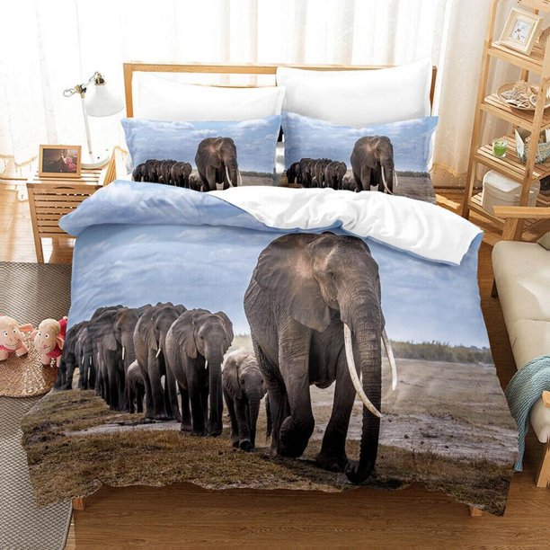 Elephants Grassland Animal Quilt Duvet Cover Set Pillowcase Bedroom Decor3-Piece Bedding Set