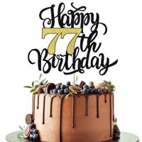 Decoración Para Tartas Leetaivie Happy 77Th Birthday Con Purpurina Negra Y Dorada