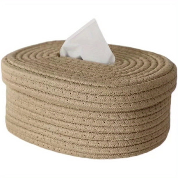 1pc Oval Cotton Rope Tissue Box - Small Storage Basket for Bedroom, Living Room, and Office - 8.27 x 6.5 x 4.14 inches