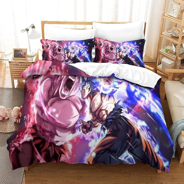 Juego de funda nórdica con estampado 3D de Goku Saiyan, fundas de cama con cremallera, juego de 3 piezas, suave y fácil de cuidar para jóvenes, niños y adultos.