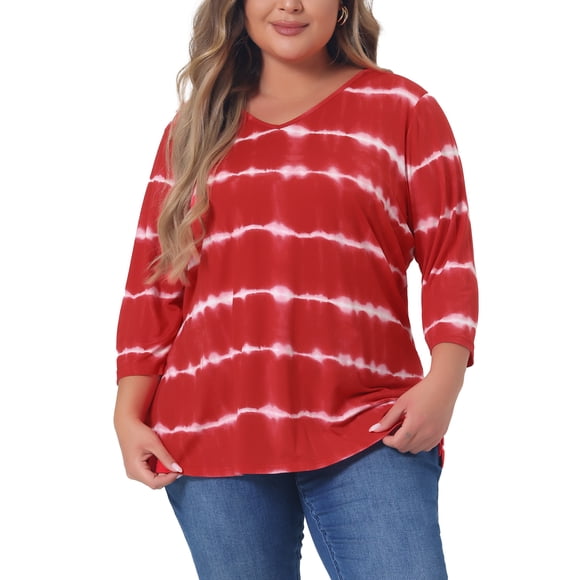 Agnes Orinda Blusas Casuales de Talla Grande para Mujer, Tops de Colegio con Rayas de Tie Dye, Cuello en V, Mangas 3/4, Túnica, 1X Rojo