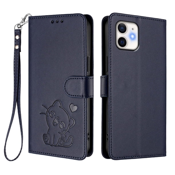 iPhone 12/12 Pro Funda Billetera con Estampado de Gato, Azul