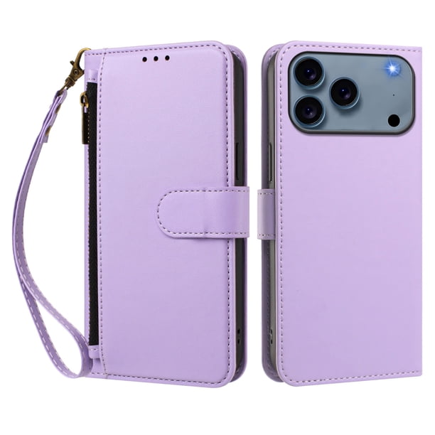 Funda Tipo Billetera para iphone17 Promax con Soporte y Bolsillo con Cierre Morado