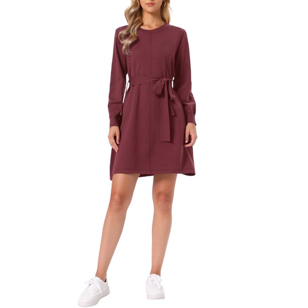 INSPIRE CHIC Vestido Suéter de Punto para Mujer Cuello Redondo Manga Larga Vestido Midi Casual Acanalado con Cinturón XS Burdeos