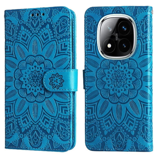 Funda tipo cartera FOXDOCK para Xiaomi Poco X7 5G , diseño girasol en relieve, cuero PU, cierre magnético, soporte y tarjetero