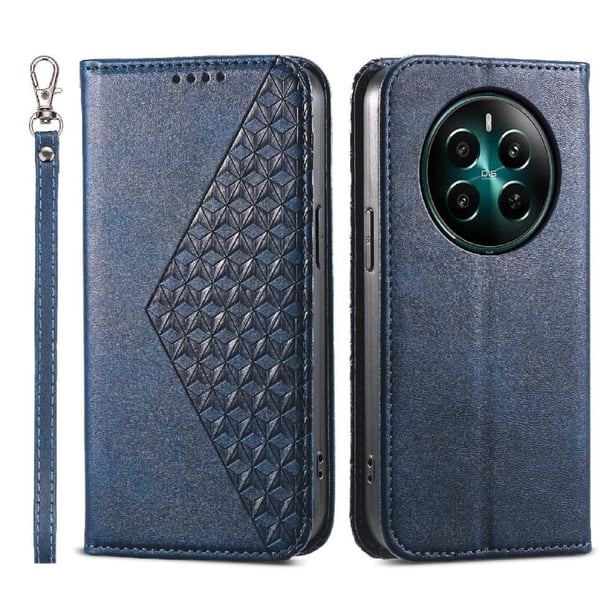 Funda Flip FOXDOCK para Realme 12 Plus 5G , Estilo Billetera con Diseño Rombo, Correa de Mano y Soporte, Uso Diario