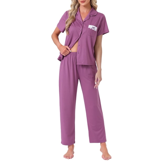 INSPIRE CHIC Conjunto de pijama de mujer con botones, conjunto de salón de manga corta suave con pantalones largos y bolsillos para primavera verano M púrpura