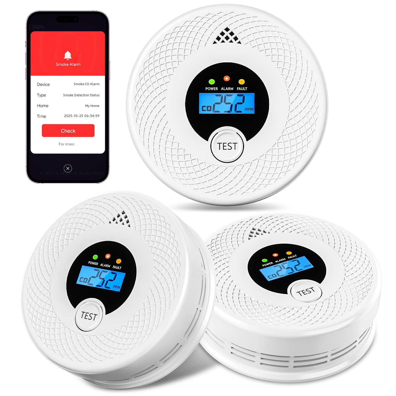 Soewolit - Detector De Humo Wifi, Detector De Monóxido De Carbono, Paquete De 3