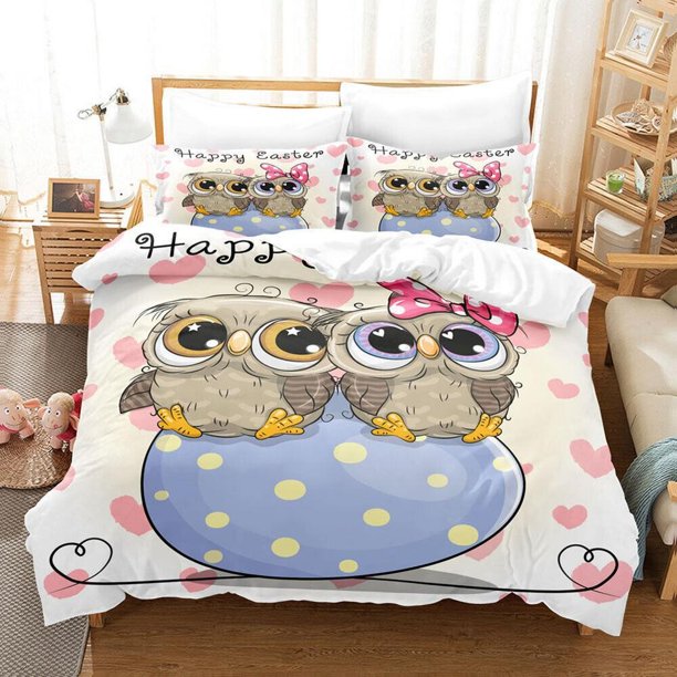Cartoon Owl Heart Pattern Quilt Duvet Cover Set Soft Kids Double3-Piece Bedding Set