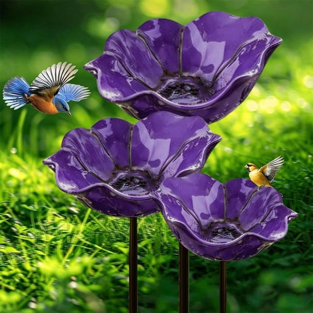 Estacas jardín flor metal baño abejas cuenco agua pájaros estación riego polinizadores 3 uds rojo