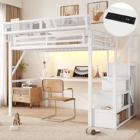 M&Ms - Full Loft Bed With Desk And Charging Station, Full Size Metal Loft Bed With Stairs And Light For Kids Teens,White Old Sku W2580S00046