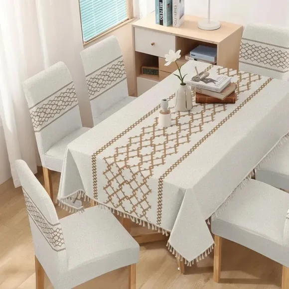 Mantel De Lino Impermeable Con Borlas Incluye Fundas Silla Tf Entrelazos Marrón Claro