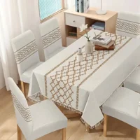 Casadeliacl - Mantel De Lino Impermeable Con Borlas Incluye Fundas Silla Tf Entrelazos Marrón Claro