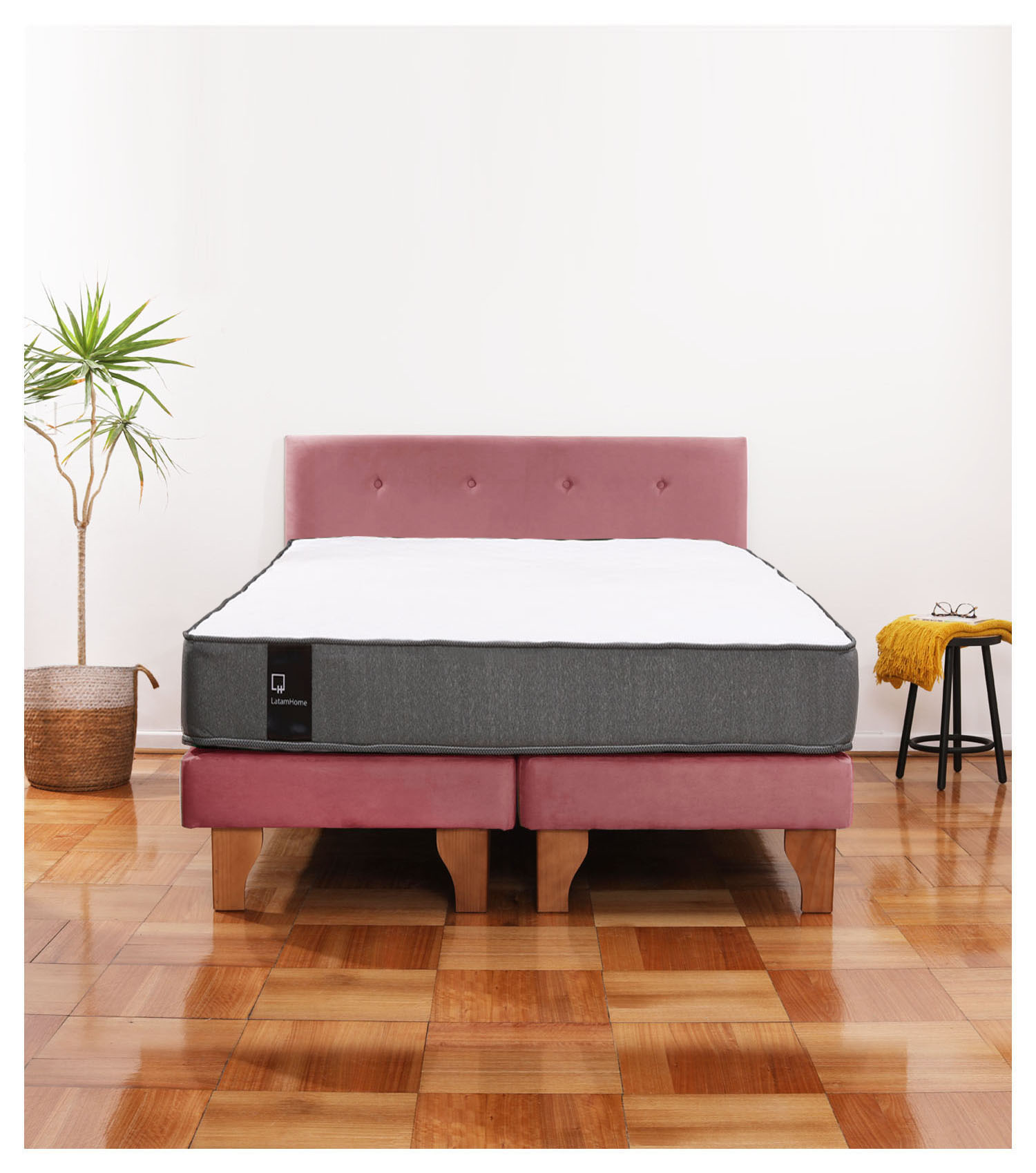 Latam Home - Cama Europea Zen Best 2 Plazas Colchon Resortes Base Dividida + Respaldo Tela Palo Rosa