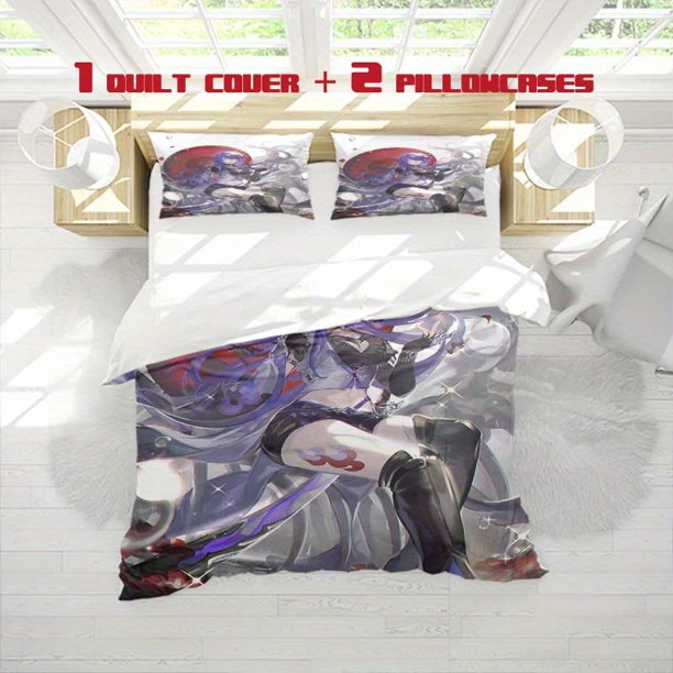 3pcs Purple Hair Umbrella Girl Print Bedding Set Soft Cover and 2 Pillowcases Ideal for All Seasons