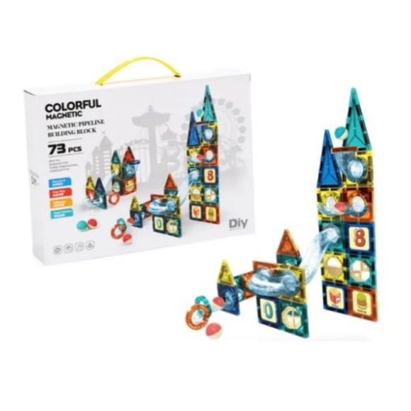 Juego de Bloques Magnéticos 73 Piezas con Bolas · Figuras 3D, Toboganes y Rampas · Juguete Educativo Construcción Magnética para Niños +3 Años